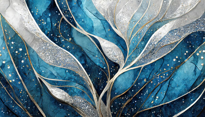 Abstract art with blue, turquoise, white and grey mixes swirls, waves, silver and gold glittering veins and shiny small splashes. Modern and luxury wavy wall or surface stone and gemstones texture.