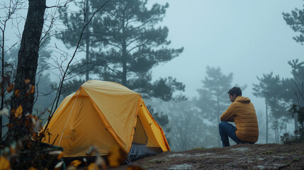 A lonely man sitting while he is camping in middle of quite winter forest.