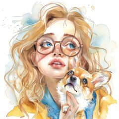 Wall Mural - watercolor blonde girl in round glasses blue eyes with corgi