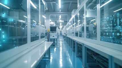 Wall Mural - A futuristic pharmaceutical manufacturing floor. Show data flowing, wireless sensors on machines, and the cloud above. Generative AI.