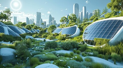 Poster - Solar panels with a clear blue sky. Bioenergy concept, green technology, solar panels, clear skies, eco-conscious, sustainable living. Generative AI.