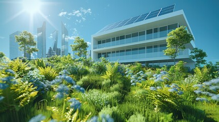 Poster - Solar panels with a clear blue sky. Bioenergy concept, green technology, solar panels, clear skies, eco-conscious, sustainable living. Generative AI.