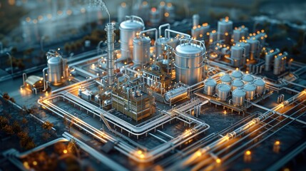 Fototapete - A digital twin of an industrial plant, Aerial high view. Generative AI.