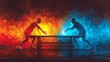 © Olexiy Vasilyuk - Vector graphic of a ping-pong championship poster, showcasing two skilled players facing off in a high-stakes match. Vibrant colors and sharp edges create a sense of urgency and excitement