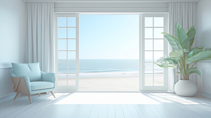 Poster - white room with a blue chair and a potted plant and ocean view