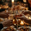 © Fokasu Art - At Thanksgiving dinner, hands clink glasses in a warm, festive atmosphere, toasting joyfully.
