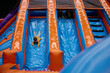Portrait of happy excited child riding down on inflatable slide