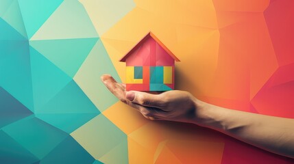 Wall Mural - A minimalist composition showcasing an open hand presenting a stylized low-poly country house icon, set against an abstract geometric backdrop in vibrant colors. 