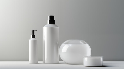 Wall Mural - Clean White Cosmetic Set: Plastic Bottles and Cream Containers for Beauty Care Products