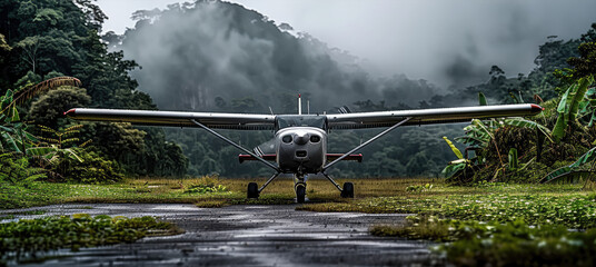 Poster - A small plane on an empty grass runway in the jungle. Generative AI.