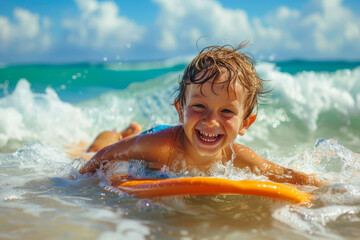 Wall Mural - portrait of a happy child having fun on a bodyboard in the waves on a summer holiday