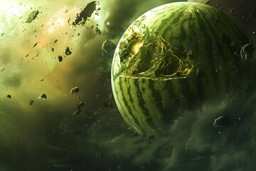 sci-fi scene of a watermelon planet with fiery craters orbiting in a nebulous galaxy