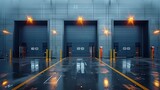 Fototapeta Konie - Modern Warehouse Gates in Rainy Twilight
