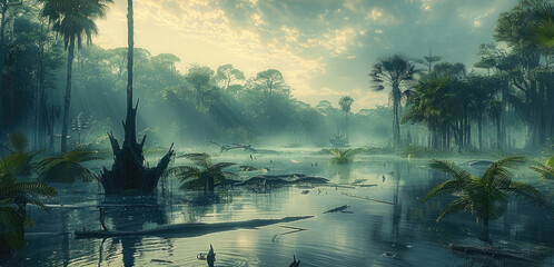 Poster - Open wide landscape with prehistoric forest and palm trees, fern trees, fern, engulfed in fog layers, swamp water, clusters of large broken branches and broken tree debris. Generative AI.