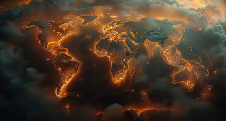 Fototapete - Glowing world map in dark background, top view. Generative AI.