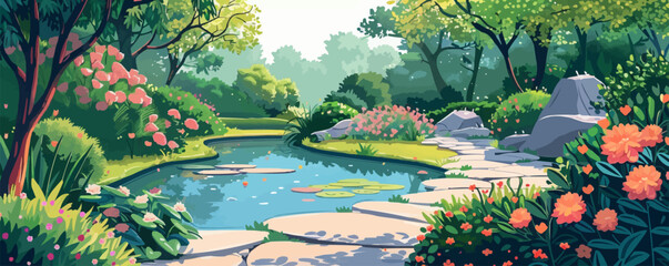 Wall Mural - A tranquil garden oasis with blooming flowers, winding pathways, and a serene pond. Vector flat minimalistic isolated illustration.