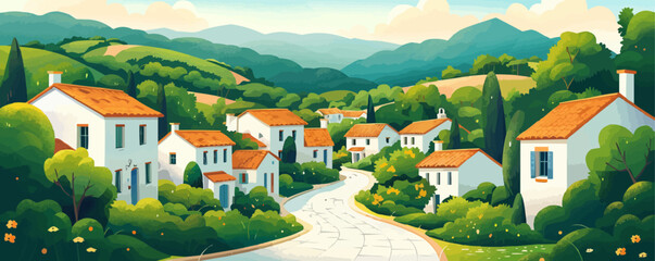 Wall Mural - A charming village nestled in a verdant valley, with quaint cottages, winding cobblestone streets, and lush gardens. Vector flat minimalistic isolated illustration.