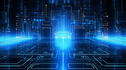 Futuristic tech background with abstract, neon-blue circuit designs, perfect for presentations on innovation in technology