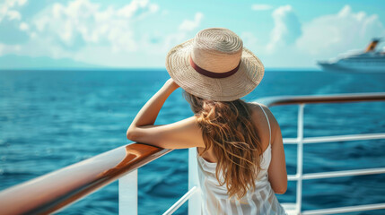 Young woman relaxing on an outdoor deck of a cruise ship looking at view of the sea on a luxury travel to cross the ocean