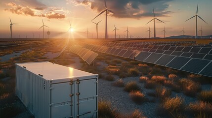 Poster - A cells energy storage systems. wind turbines, renewable energy. solar panels. Generative AI.