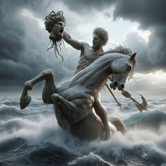 Perseus holds the head of Medusa up high above the ocean riding Pegasus, the winged stallion.