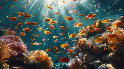 Wall Mural - A diverse coral reef teeming with colorful fish and vibrant coral formations. Beams of sunlight pierce through the clear water. Generative AI.