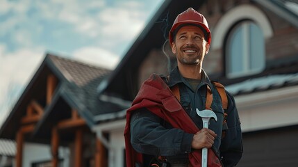 Poster - A happy service man holding a wrench, with maroon and black service outfit and hat, wearing a cape like a super hero. Standing in front of a home that's under construction. Generative AI.