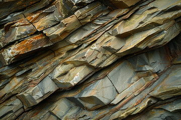 Close up of layered patterns and textures of sedimentary rock formations, with each distinct layer representing a different geological epoch .