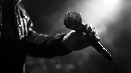 Detailed black and white image of a person holding a microphone with focus on texture and contrast in a performance context