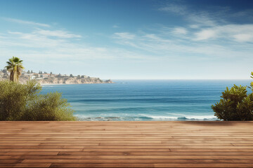 Elevated view of a wooden deck by the seaside, overlooking a calm coastal scene, perfect for advertisements or editorial content about beachside living