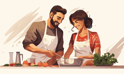 Wall Mural - Joyful Couple Cooking Together isolated vector style on isolated background illustration