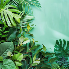 Wall Mural - creative concept with green foliage on a blue background