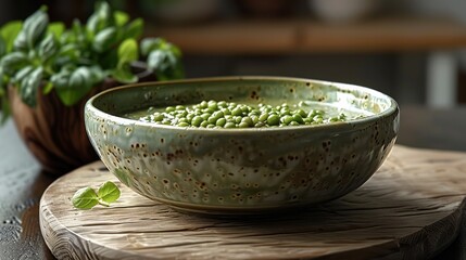 Poster - The ceramic bowl is filled with mung bean soup, The background should be fresh and natural. Generative AI.