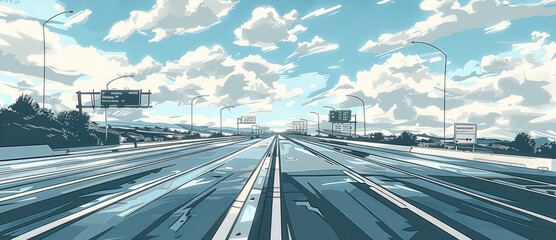 sketch of a modern highway with 4 lanes going, 4 lanes coming, road signs. vector illustration style