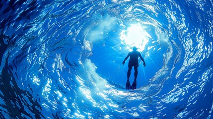 Man scuba diving and exploring tropical marine life in the clear blue waters of the ocean