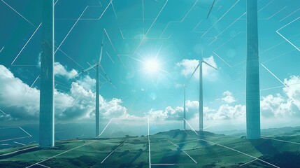 Poster - Sustainable energy, electricity, wind energy, new energy, simplified structure, layered and atmospheric landscape style, grid structure, technological, environmentally friendly green. Generative AI.