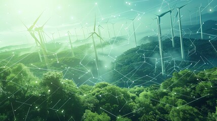 Poster - Sustainable energy, electricity, wind energy, new energy, simplified structure, layered and atmospheric landscape style, grid structure, technological, environmentally friendly green. Generative AI.