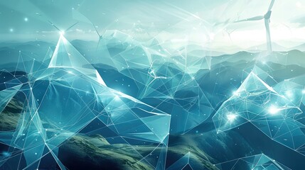 Poster - Sustainable energy, electricity, wind energy, new energy, simplified structure, layered and atmospheric landscape style, grid structure, technological, environmentally friendly green. Generative AI.