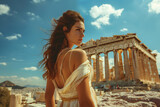 Fototapeta  - A young woman in ancient Greek attire, standing in front of the Parthenon