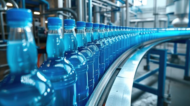 Conveyor belt, juice in bottles, beverage factory interior in blue color, industrial production line. copy space for text.