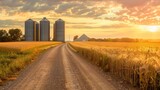 Fototapeta  - A dirt road winds its way through a wheat field, surrounded by grain silos.
