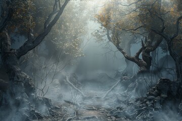 Wall Mural - A forest scene with trees and fog