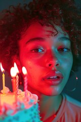 Wall Mural - A young woman with a birthday cake lit by colorful lights creates a festive mood.