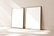 Two blank frames side by side in a sundrenched room casting soft shadows, 3d render.