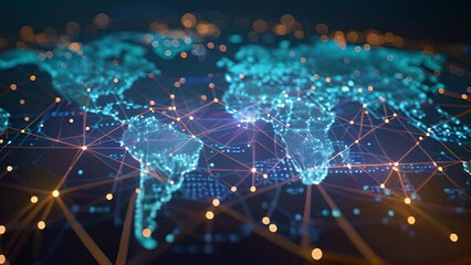 Aufkleber - Abstract blue glowing world map, concept of global network and connectivity, international data transfer and cyber technology, worldwide business, information exchange and telecommunication