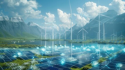 Poster - A futuristic look at a solar and wind park with a lot of data flowing in the air. Generative AI.