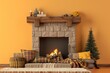 A fireplace with a mantle and a tree in front of it