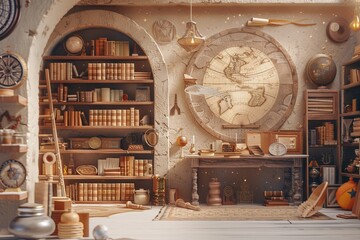 Aufkleber - A room with a large globe and a lot of books