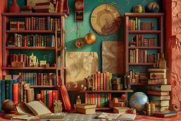 Aufkleber - A room with a lot of books and a clock on the wall