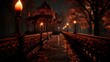 A dark and mysterious path lit by glowing red lanterns, leads to a temple in the distance.